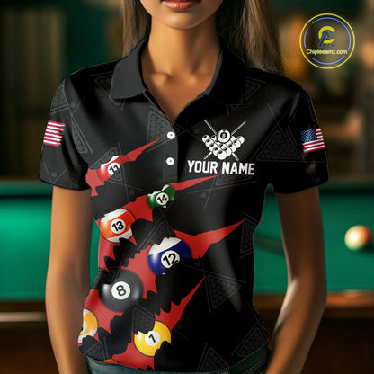 Personalized Scratch Black 8 Ball Billiard Shirt For Women, Pool Team Jersey Polo 1/4 Zip |Red TDM6072