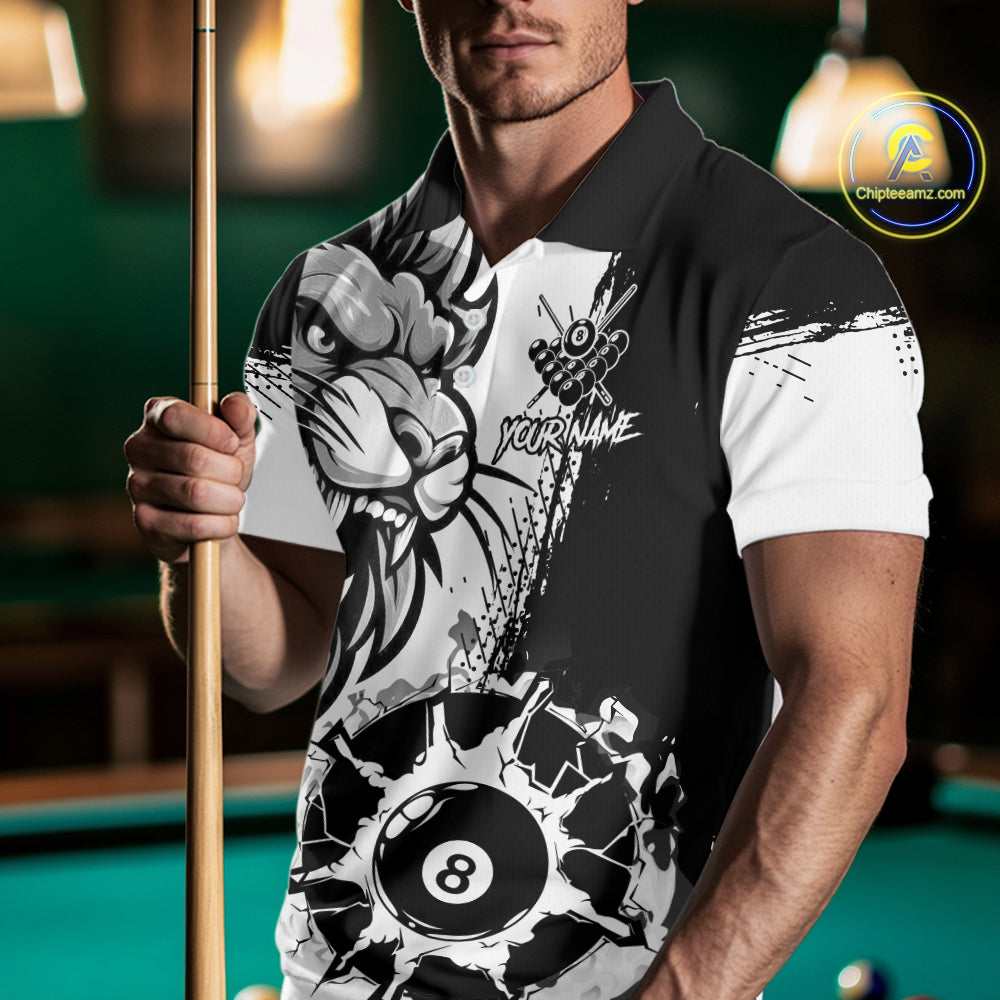 Black And White Funny Lion Billiard Shirt For Men Custom 8 Ball Pool Team Jersey Polo & 1/4 Zip TDM6321