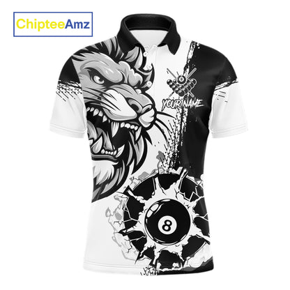 Black And White Funny Lion Billiard Shirt For Men Custom 8 Ball Pool Team Jersey Polo & 1/4 Zip TDM6321