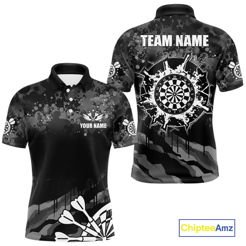Black Grey Grunge Camo Darts Shirt For Men Custom Darts Jersey Team Polo & 1/4 Zip, Darts Uniform TDM6322