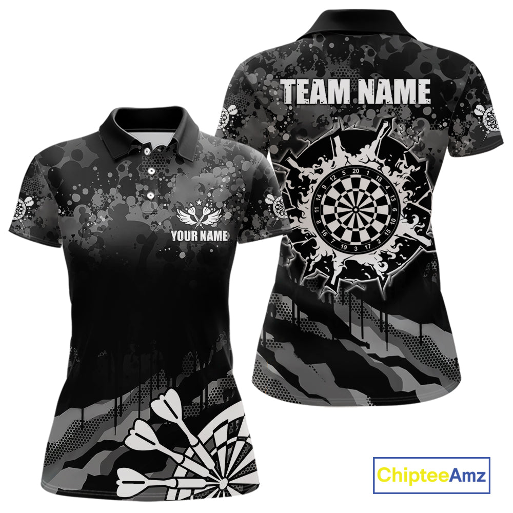 Black Grey Grunge Camo Darts Shirt For Women Custom Darts Jersey Team Polo & 1/4 Zip, Darts Uniform TDM6322