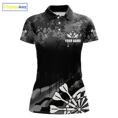 Black Grey Grunge Camo Darts Shirt For Women Custom Darts Jersey Team Polo & 1/4 Zip, Darts Uniform TDM6322