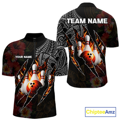 Personalized Hibiscus Flower Flame Bowling Shirt For Men, Tribal Bowling Team Jersey Polo, 1/4 Zip TDM6501