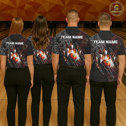 Personalized Hibiscus Flower Flame Bowling Shirt For Women, Tribal Bowling Team Jersey Polo, 1/4 Zip TDM6501