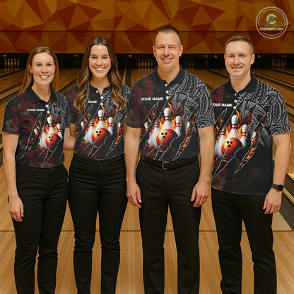 Personalized Hibiscus Flower Flame Bowling Shirt For Women, Tribal Bowling Team Jersey Polo, 1/4 Zip TDM6501