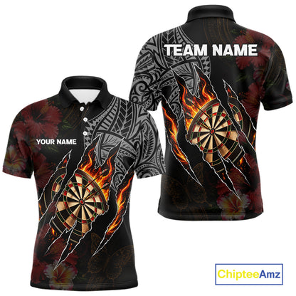 Personalized Hibiscus Flower Flame Darts Shirt For Men, Tribal Darts Team Jersey Polo & 1/4 Zip TDM6502