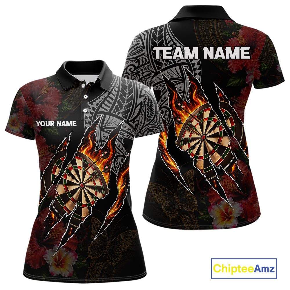 Personalized Hibiscus Flower Flame Darts Shirt For Women, Tribal Darts Team Jersey Polo & 1/4 Zip TDM6502
