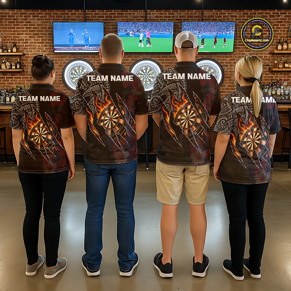 Personalized Hibiscus Flower Flame Darts Shirt For Men, Tribal Darts Team Jersey Polo & 1/4 Zip TDM6502
