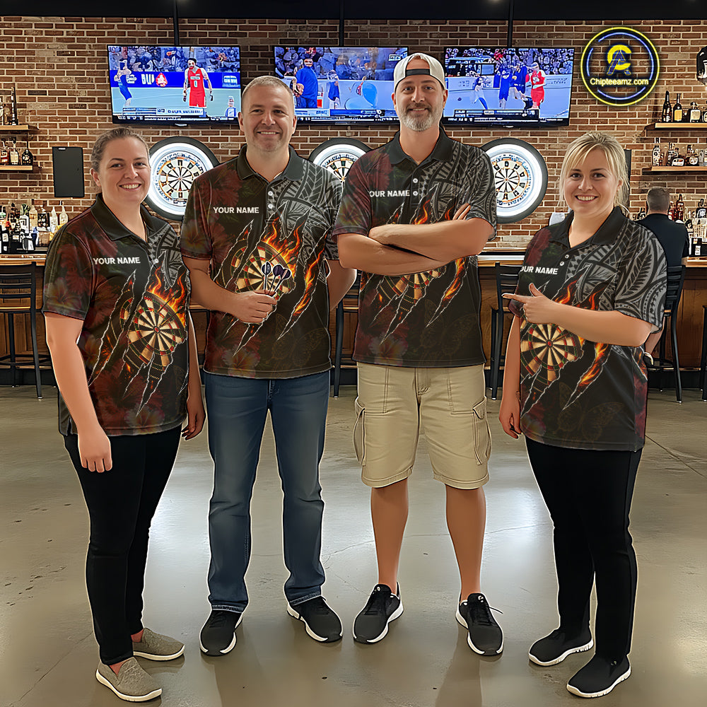 Personalized Hibiscus Flower Flame Darts Shirt For Men, Tribal Darts Team Jersey Polo & 1/4 Zip TDM6502
