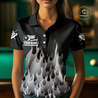Black And Grey Flaming 8 Ball Pool Women Billiard Polo & 1/4 Zip Custom Pool Team Player Jersey TDM4186