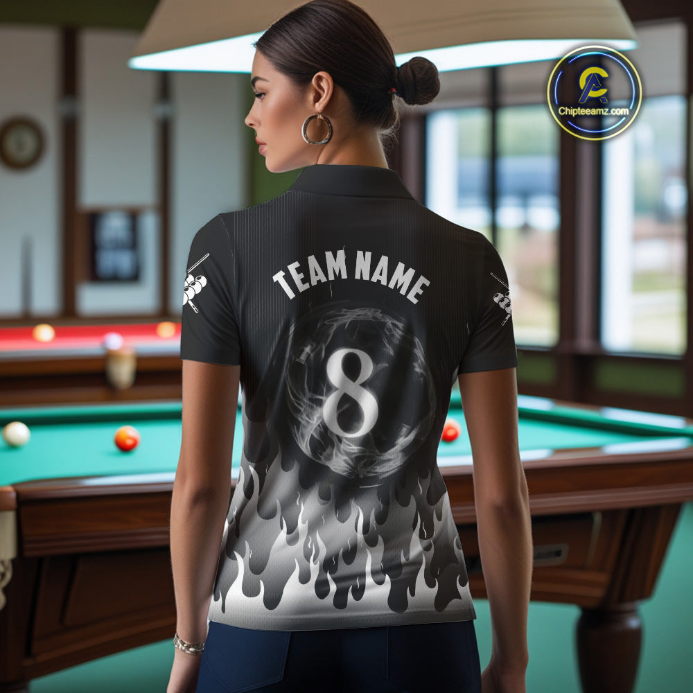 Black And Grey Flaming 8 Ball Pool Women Billiard Polo & 1/4 Zip Custom Pool Team Player Jersey TDM4186