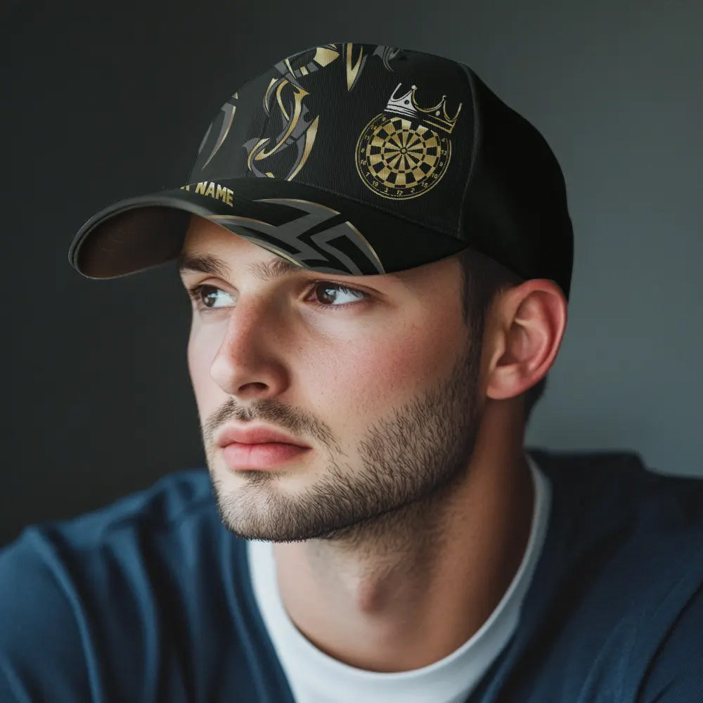 Black And Gold Dartboard Crown Darts Hat Custom 3D Darts Baseball Cap For Player, Darts Gifts TDM4193