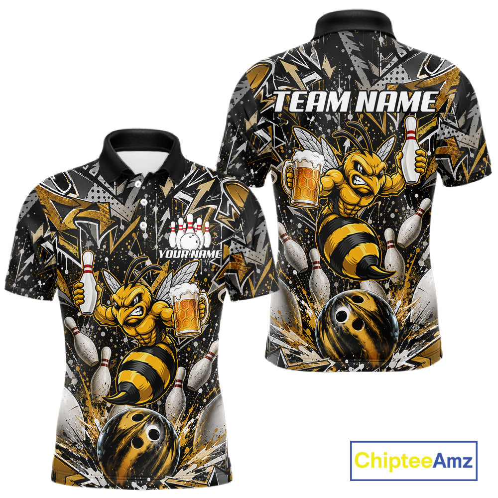 Yellow funny bee graffiti bowling team jersey polo shirt for men featuring colorful graffiti bee artwork, premium custom bowling league apparel for tournaments, league nights and competitive bowling teams.