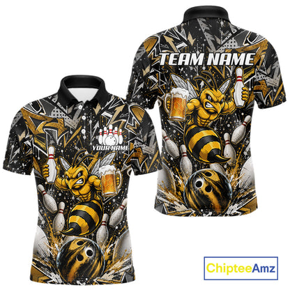 Yellow funny bee graffiti bowling team jersey polo shirt for men featuring colorful graffiti bee artwork, premium custom bowling league apparel for tournaments, league nights and competitive bowling teams.