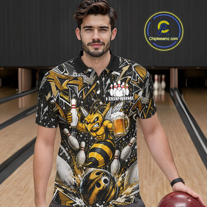 Man wearing yellow funny bee graffiti bowling team jersey quarter zip shirt featuring colorful graffiti bee artwork, front view.