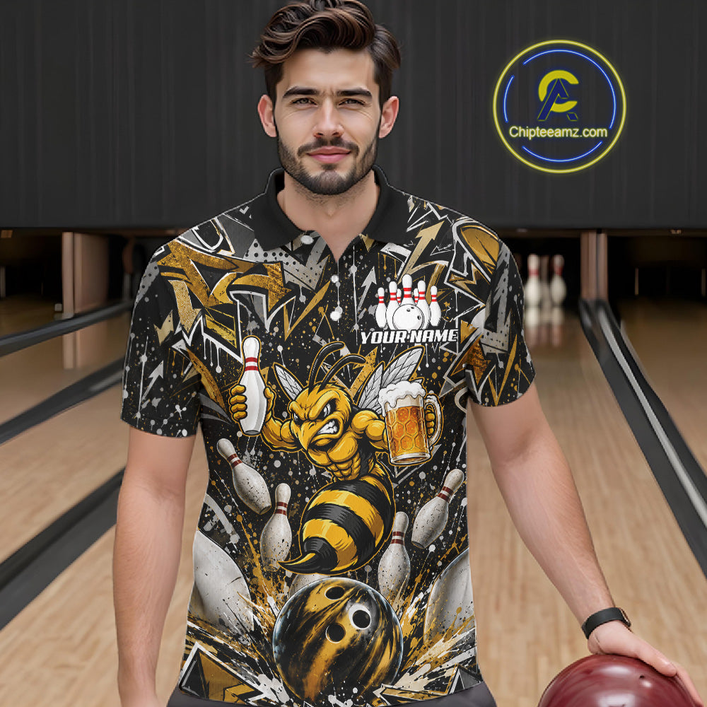 Man wearing yellow funny bee graffiti bowling team jersey polo shirt featuring colorful graffiti bee artwork, front view.