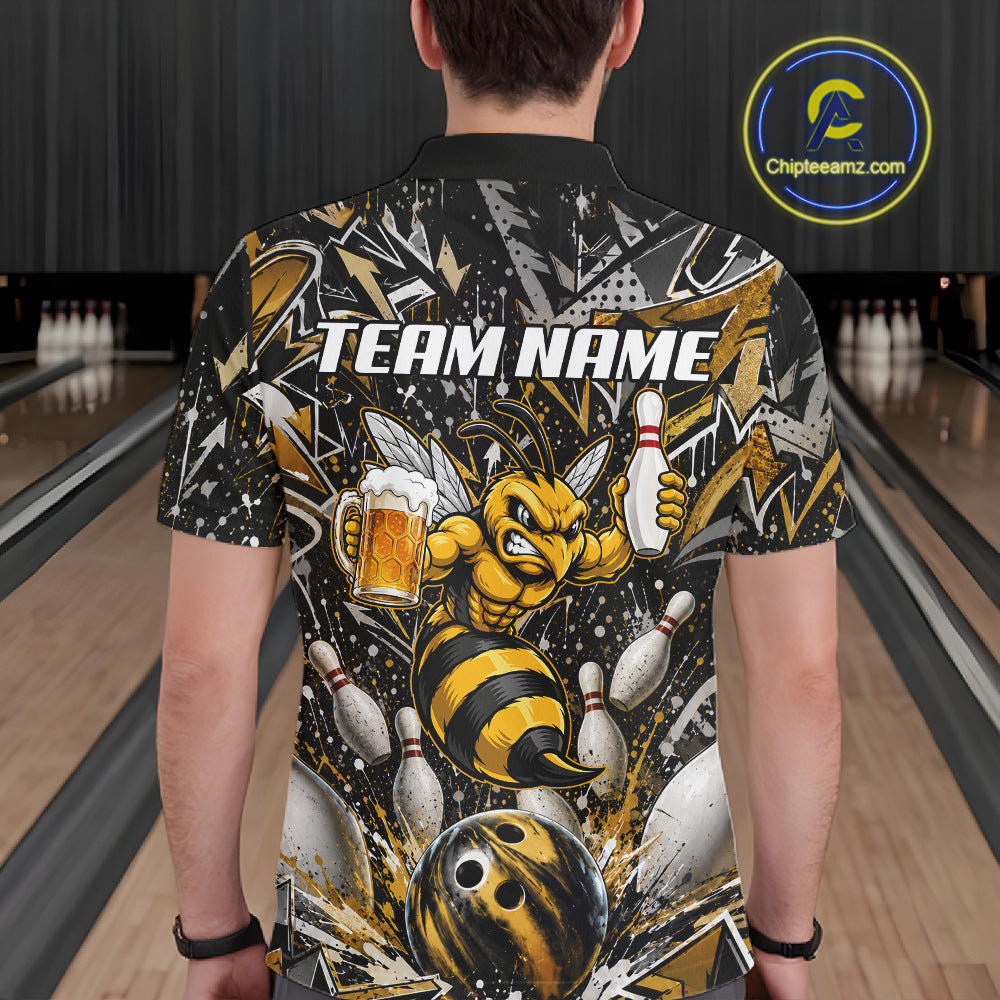 Man wearing yellow funny bee graffiti bowling team jersey polo shirt featuring colorful graffiti bee artwork, back view.