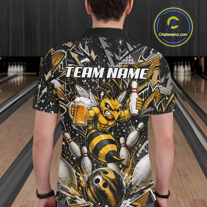 Man wearing yellow funny bee graffiti bowling team jersey polo shirt featuring colorful graffiti bee artwork, back view.