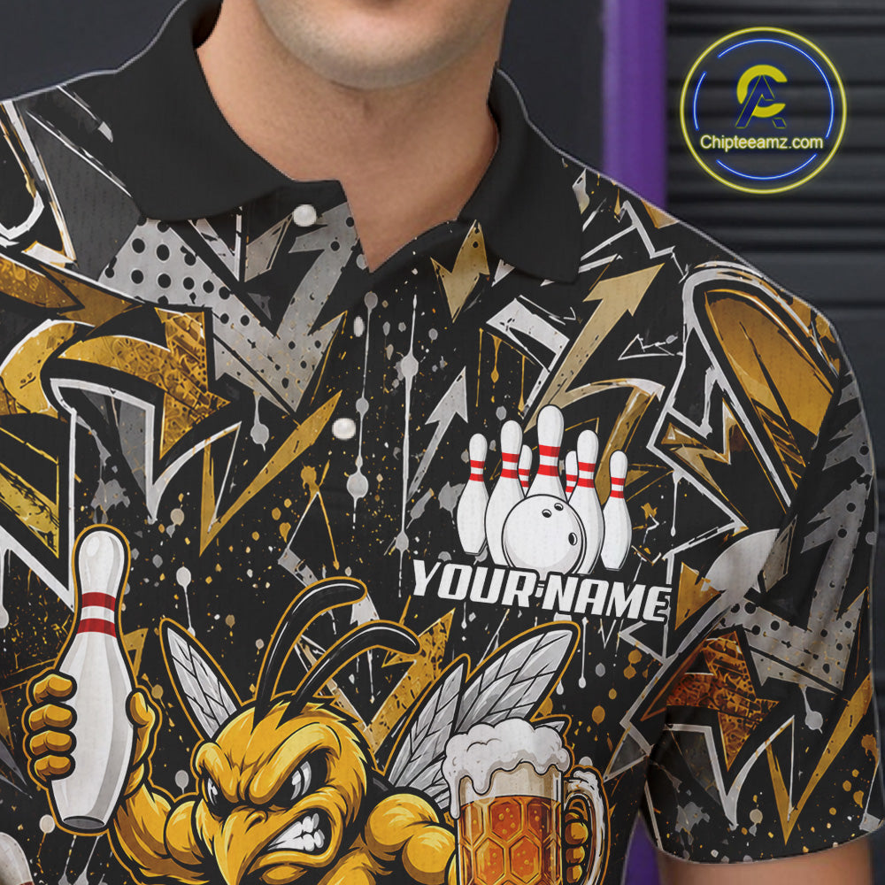 Close-up of the yellow funny bee graffiti bowling team jersey polo shirt showing the collar, buttons, premium performance fabric and vibrant bee graffiti graphics.