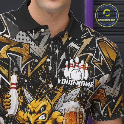 Close-up of the yellow funny bee graffiti bowling team jersey polo shirt showing the collar, buttons, premium performance fabric and vibrant bee graffiti graphics.