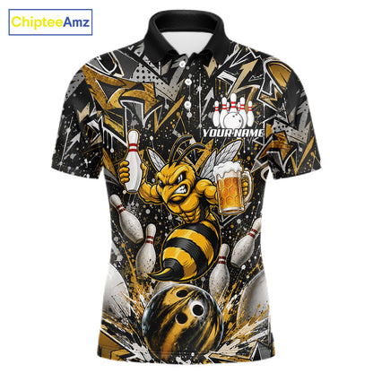 Yellow funny bee graffiti bowling team jersey polo shirt for men featuring colorful graffiti bee artwork, premium custom bowling league apparel for tournaments, league nights and competitive bowling teams.