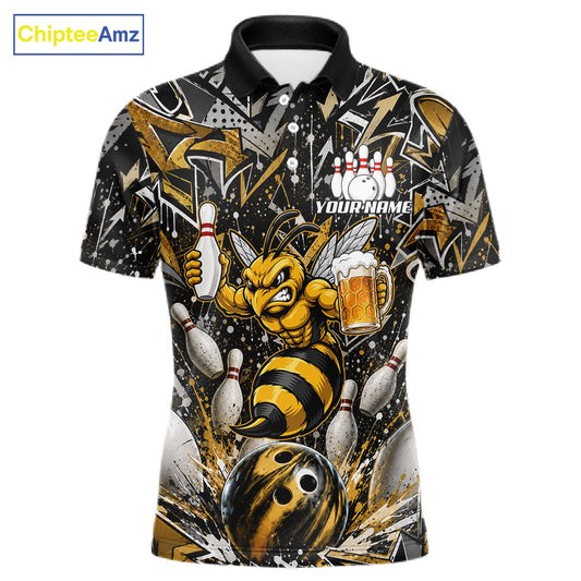Yellow funny bee graffiti bowling team jersey polo shirt for men featuring colorful graffiti bee artwork, premium custom bowling league apparel for tournaments, league nights and competitive bowling teams.