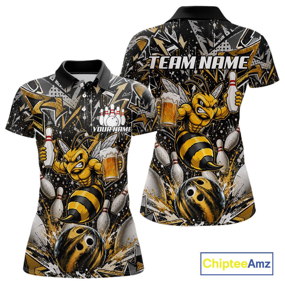 Yellow funny bee graffiti bowling team jersey polo shirt for women featuring colorful graffiti bee artwork, premium custom bowling league apparel for tournaments, league nights and competitive bowling teams.