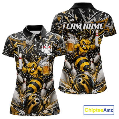 Yellow funny bee graffiti bowling team jersey polo shirt for women featuring colorful graffiti bee artwork, premium custom bowling league apparel for tournaments, league nights and competitive bowling teams.