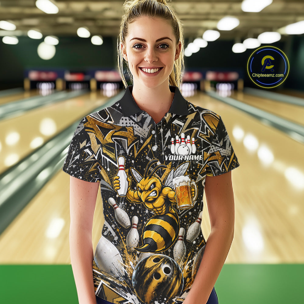Woman wearing yellow funny bee graffiti bowling team jersey polo shirt featuring colorful graffiti bee artwork, front view.