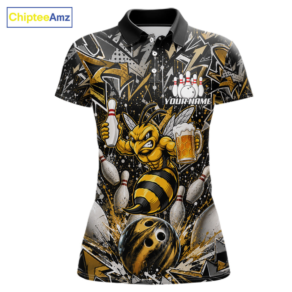 Yellow funny bee graffiti bowling team jersey polo shirt for women featuring colorful graffiti bee artwork, premium custom bowling league apparel for tournaments, league nights and competitive bowling teams.