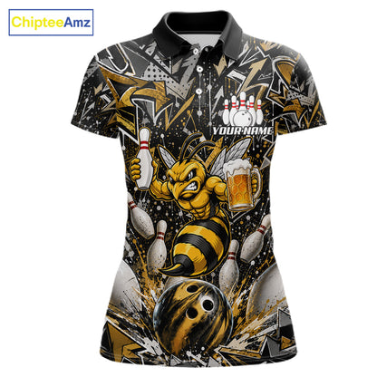 Yellow funny bee graffiti bowling team jersey polo shirt for women featuring colorful graffiti bee artwork, premium custom bowling league apparel for tournaments, league nights and competitive bowling teams.