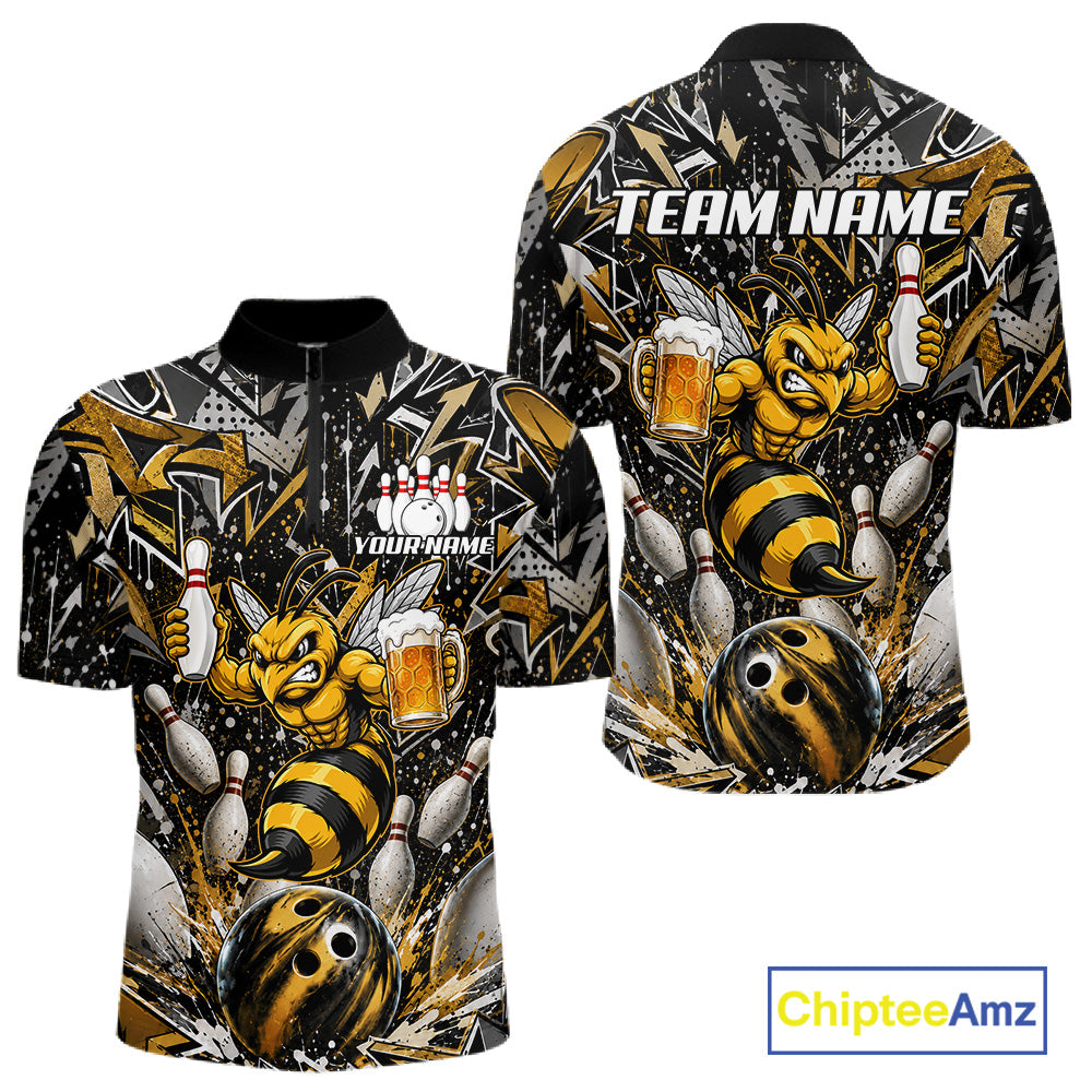 Yellow funny bee graffiti bowling team jersey quarter zip shirt for men featuring vibrant graffiti bee graphics, premium custom bowling league apparel for tournament and league competition.