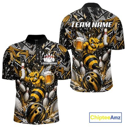 Yellow funny bee graffiti bowling team jersey quarter zip shirt for men featuring vibrant graffiti bee graphics, premium custom bowling league apparel for tournament and league competition.