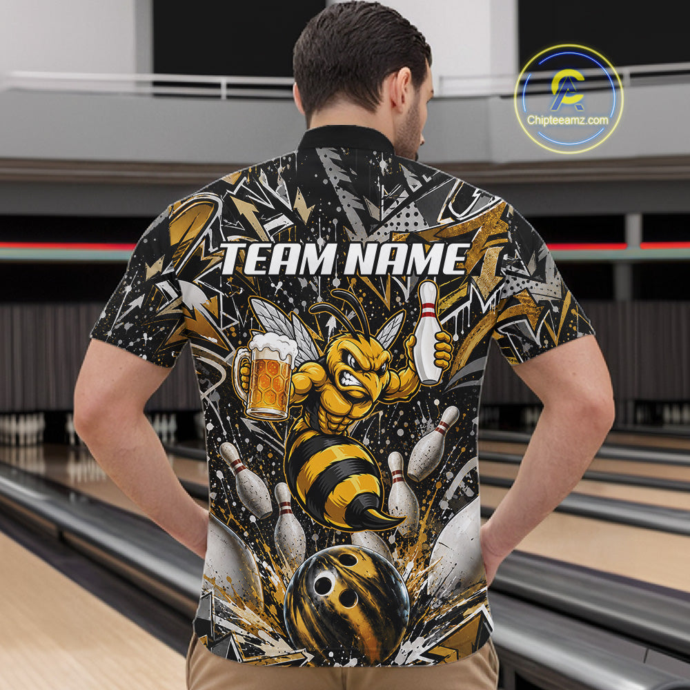 Man wearing yellow funny bee graffiti bowling team jersey quarter zip shirt featuring colorful graffiti bee artwork, back view.