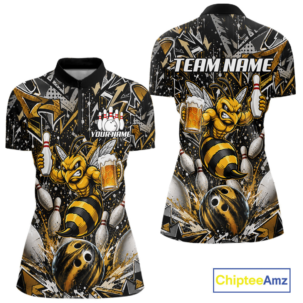Yellow funny bee graffiti bowling team jersey quarter zip shirt for women featuring vibrant graffiti bee graphics, premium custom bowling league apparel for tournament and league competition.