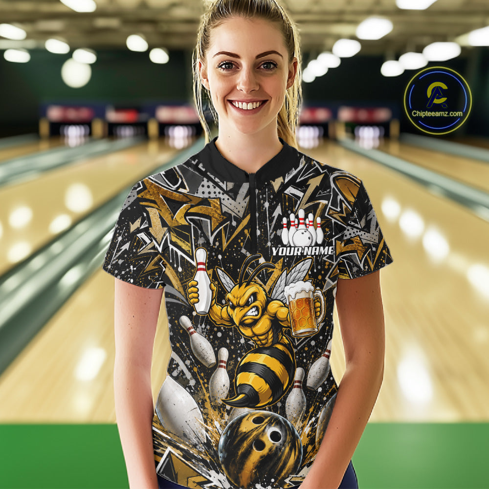 Woman wearing yellow funny bee graffiti bowling team jersey polo shirt featuring colorful graffiti bee artwork, back view.