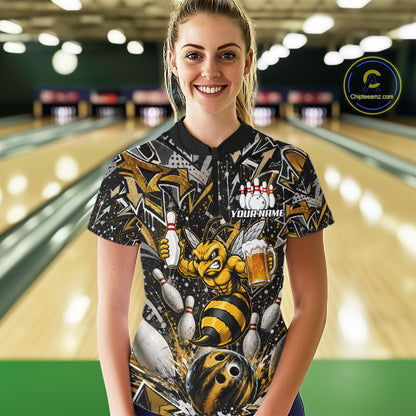 Woman wearing yellow funny bee graffiti bowling team jersey polo shirt featuring colorful graffiti bee artwork, back view.