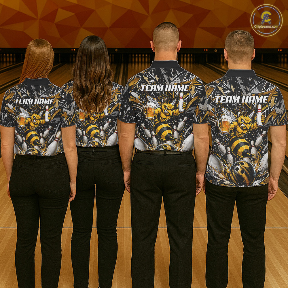 Bowling team wearing matching yellow funny bee graffiti bowling team jerseys featuring vibrant graffiti bee graphics, back view.