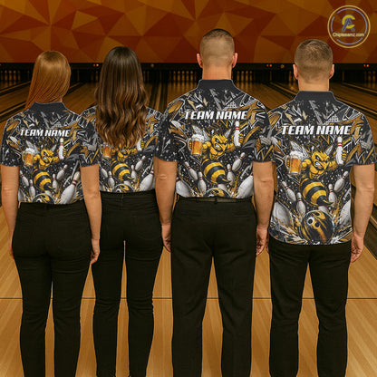 Bowling team wearing matching yellow funny bee graffiti bowling team jerseys featuring vibrant graffiti bee graphics, back view.