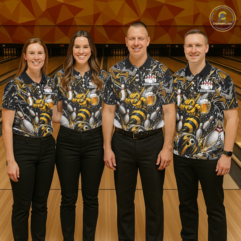 Bowling team wearing matching yellow funny bee graffiti bowling team jerseys featuring vibrant graffiti bee graphics, front view.