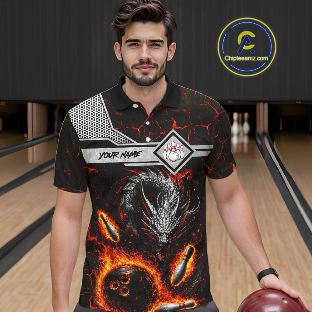 Man wearing personalized fire flame dragon bowling team jersey polo shirt featuring blazing fire dragon artwork, front view.