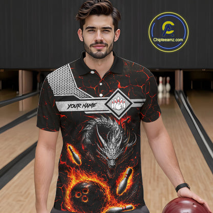 Man wearing personalized fire flame dragon bowling team jersey polo shirt featuring blazing fire dragon artwork, front view.