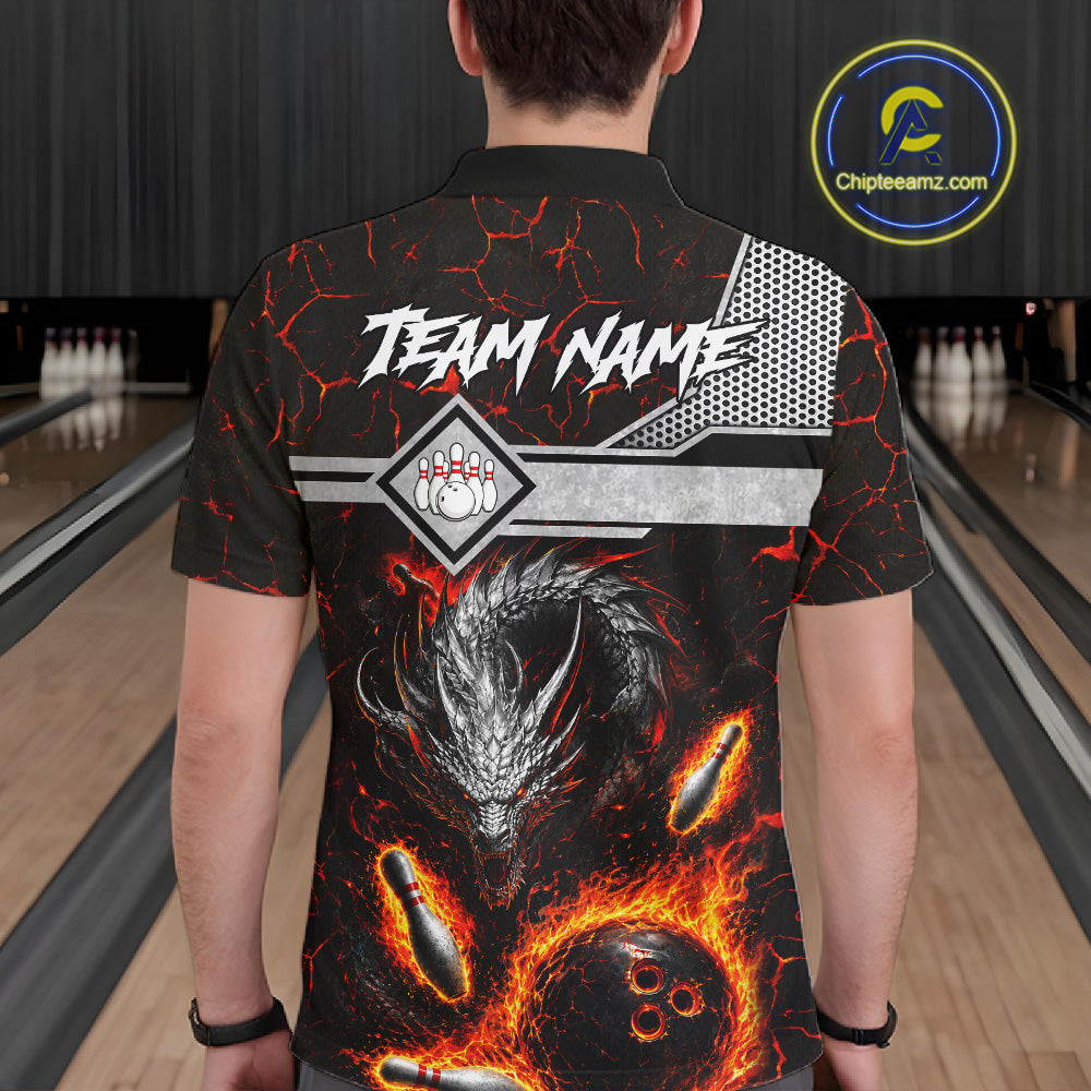 Man wearing personalized fire flame dragon bowling team jersey polo shirt featuring blazing fire dragon artwork, back view.