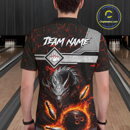 Man wearing personalized fire flame dragon bowling team jersey polo shirt featuring blazing fire dragon artwork, back view.