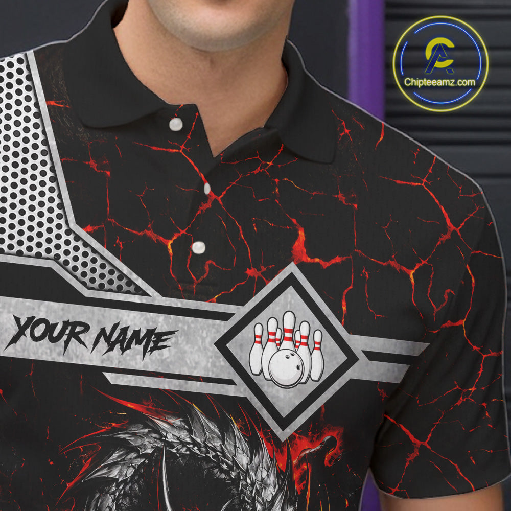 Close-up of the personalized fire flame dragon bowling team jersey polo shirt showing the collar, buttons, premium performance fabric and detailed fire flame dragon graphics.