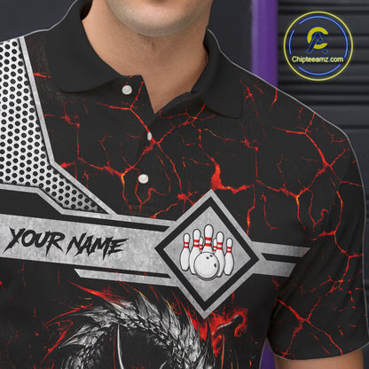 Close-up of the personalized fire flame dragon bowling team jersey polo shirt showing the collar, buttons, premium performance fabric and detailed fire flame dragon graphics.