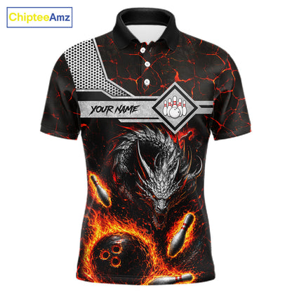 Personalized fire flame dragon bowling team jersey polo shirt for men featuring a fierce fire dragon design, premium custom bowling league apparel for tournaments, league nights and competitive bowling teams.