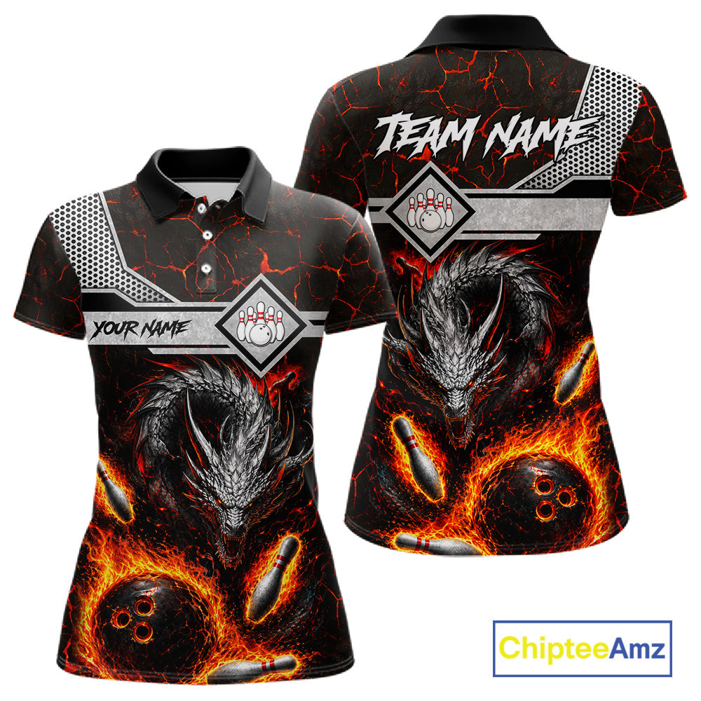 Personalized fire flame dragon bowling team jersey polo shirt for women featuring a fierce fire dragon design, premium custom bowling league apparel for tournaments, league nights and competitive bowling teams.