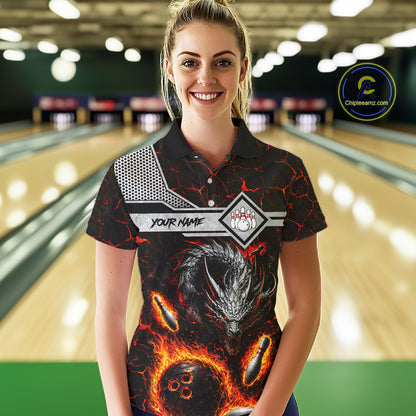 Woman wearing personalized fire flame dragon bowling team jersey polo shirt featuring blazing fire dragon artwork, front view.