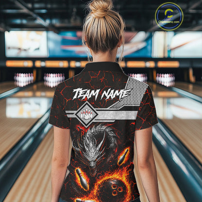 Woman wearing personalized fire flame dragon bowling team jersey quarter zip shirt featuring blazing fire dragon artwork, front view.